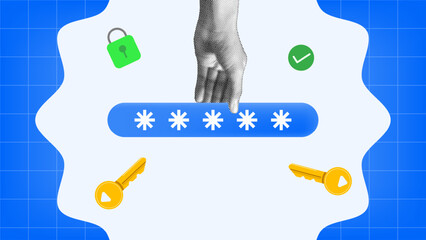halftone collage, Secure password input concept with encryption icons cybersecurity, key illustration and padlock