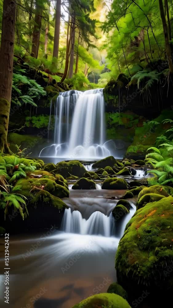 Poster cascading waterfall flows over mossy rocks in a lush green forest with tall trees and serene atmosph