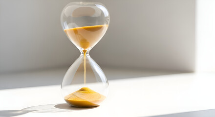 A minimalist hourglass timer with sand on a pure white surface