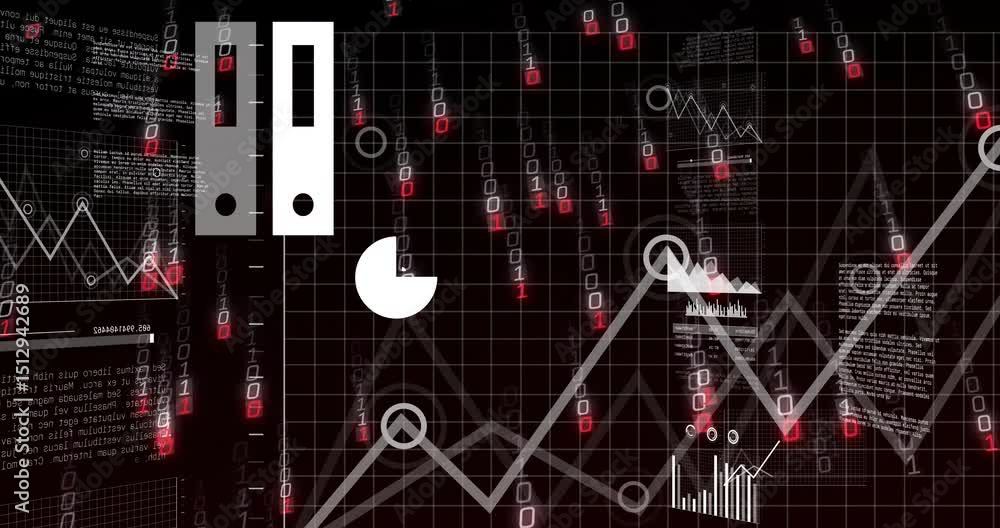 Poster on binary cascading, laptop icon fading, bar chart rising, pie chart merging into dashboard