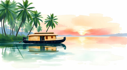 Delicate watercolor painting of Kerala's backwaters a houseboat on calm water, surrounded by lush greenery and palm trees.  The sunset reflects in the water, showcasing orange, pink, and purple hues. 