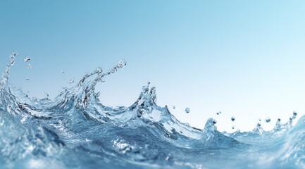Dynamic wave of clear water splashing against a light blue backdrop, showcasing its texture and translucency