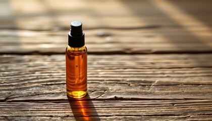 a clear glass bottle of essential oil is prominently displayed on a weathered wooden surface against a backdrop of natural light.