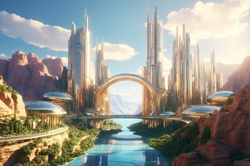 Naklejka premium Neo-Futuristic Floating City 3D: Auroras, Gravity-Defying Waterfalls, Golden Hour