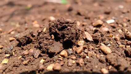 A close up view of a mound of dark brown soil with small rocks and pebbles scattered around it in sunlight