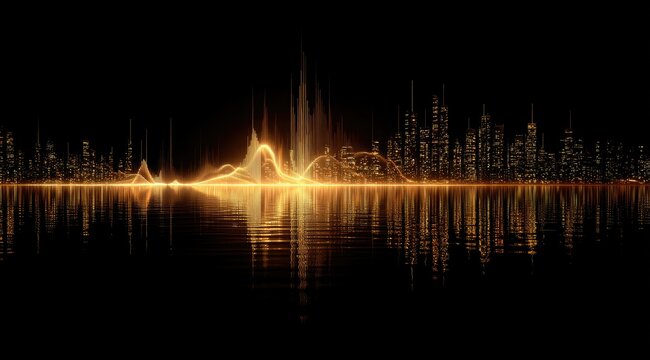 A golden audio waveform crests over a cityscape reflected in still water, set against a black background.  The image evokes a sense of energy and urban dynamism - Powered by Adobe