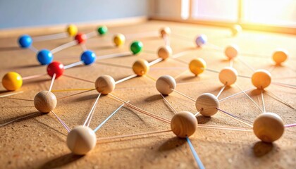 Obraz premium Colorful wooden spheres connected by sticks and strings represent a network or system on a corkboard, illuminated by sunlight.