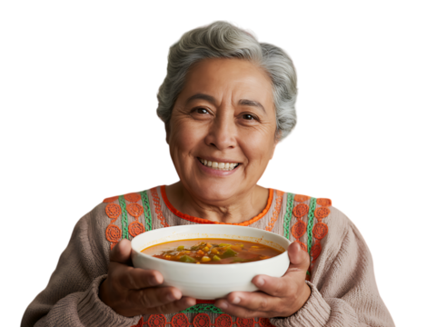 Smiling elderly woman holding a bowl of delicious soup.