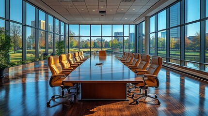 A conference room with a long table and chairs overlooking a park and city skyline through large windows