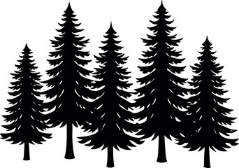 Obraz premium Fir trees silhouettes. Coniferous spruce horizontal background patterns, black evergreen woods vector illustration