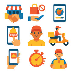 Food Delivery and Courier Icon Set Flat Vector Pack for Meal and Logistics Concepts