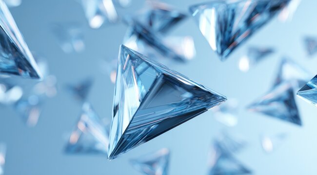 Crystalline triangular forms float in a hazy, light-blue atmosphere; facets gleam, suggesting depth and translucence.  The image evokes a sense of lightness and ethereal beauty