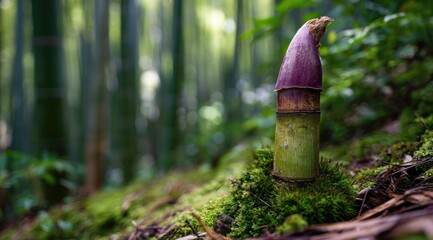 A vibrant purple-tinged bamboo shoot emerges from mossy ground, nestled amongst a blurred backdrop of towering bamboo stalks in a verdant forest