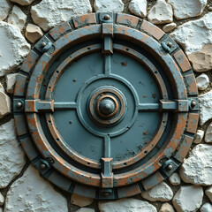 Circular Metal Hatch on Stone Wall Close Up