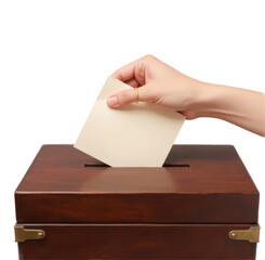 Civic engagement close-up of voting action at a mahogany ballot box community center