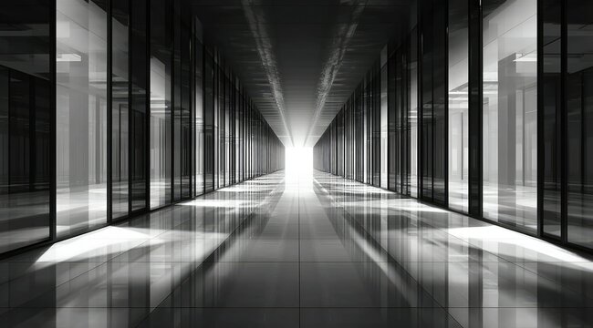 A long, reflective corridor with glass walls and a bright light at the far end, creating a dramatic, symmetrical perspective.  The floor is highly polished, mirroring the scene