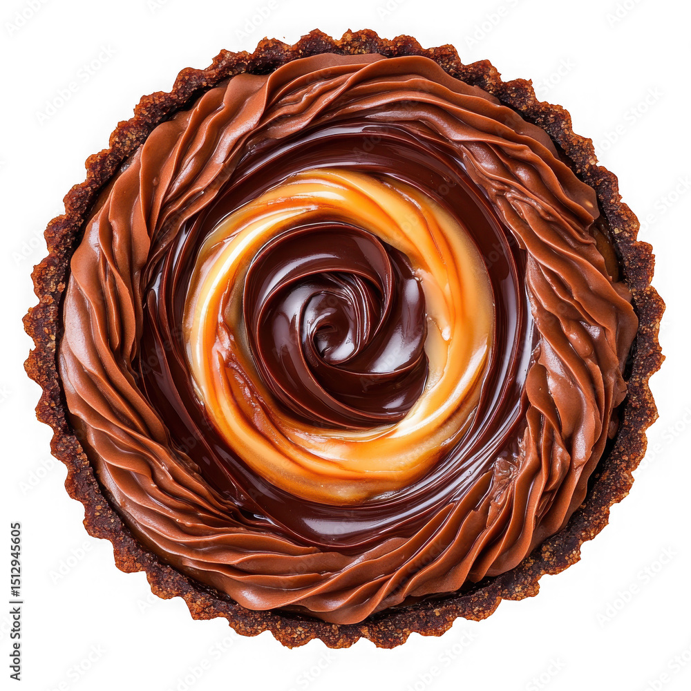 Poster overhead view of a chocolate caramel tart with decorative frosting on a black background surface on 