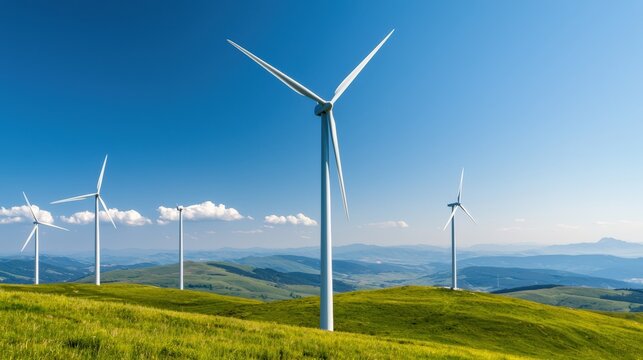 Wind turbines are producing renewable energy on lush green hills, symbolizing sustainable development against a clear blue sky