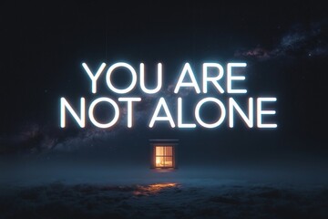 You Are Not Alone — Glowing Text with Floating Window Above Clouds at Night