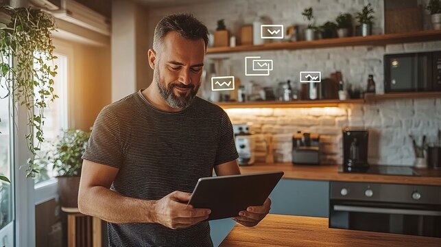 Man with beard using a tablet in a kitchen with plants and shelves with various items on them indoors