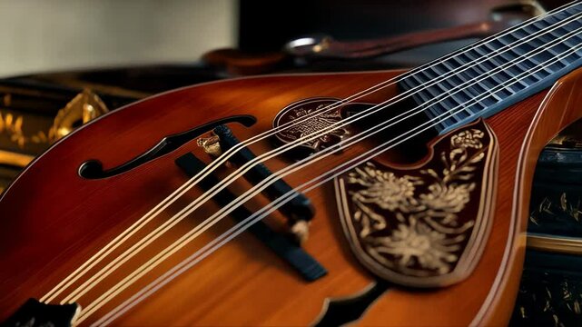 Close-up of a vintage mandolin with detailed inlays, resting on a decorative box with ornate gold accents in dim lighting.