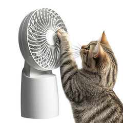 A curious tabby cat reaching out to touch a small white desk fan against a black background image isolated on transparent background