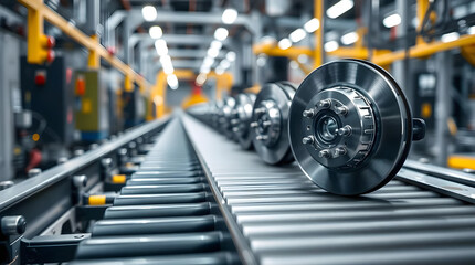 Fototapeta premium Car brake production on factory conveyor belt