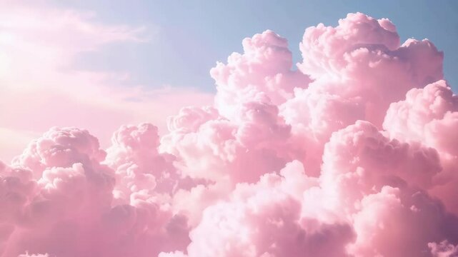 Dreamy pink fluffy cumulus clouds drifting softly in an ethereal light blue sky, creating a serene and calming atmosphere