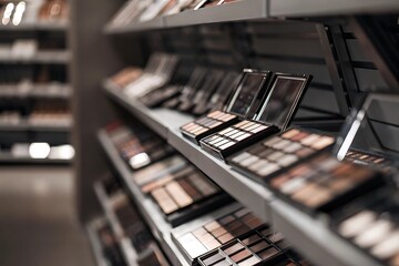 Makeup products displayed on shelves in a cosmetic store. Vibrant beauty assortment with eyeshadow, lipstick, and palettes. Stylish, modern visual for fashion, lifestyle, and retail themes.

