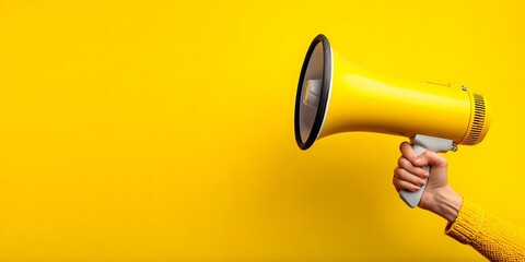 Hand holding a megaphone against a bright yellow background for communication and announcement purposes