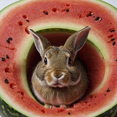 A rabbit sitting inside a hollow watermelon rind on white.