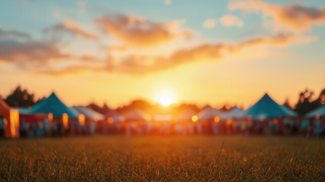 Blurred crowd enjoying a vibrant sunset at a lively music festival with colorful tents, creating an energetic and festive atmosphere