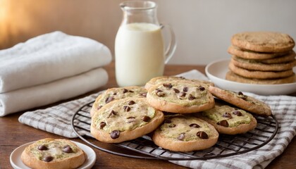 A plate of cookies and a glass of milk on a table.