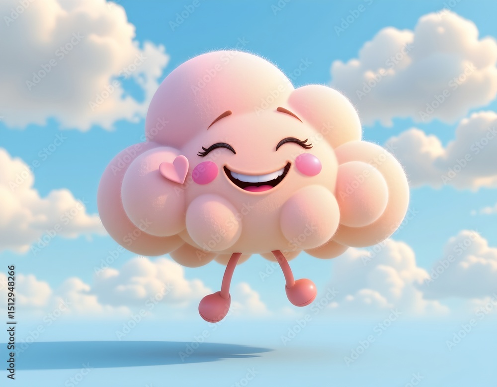 Poster cartoon 3d rendering of a smiling cloud with pastel colors, jumping in a bright blue sky with soft c