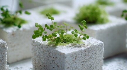 Lush green seedlings sprout from porous, white, cubic planters, arranged in a shallow depth of field