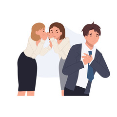 workplace gossip concept. gossip overheard in office workplace drama between female employees and shocked male coworker