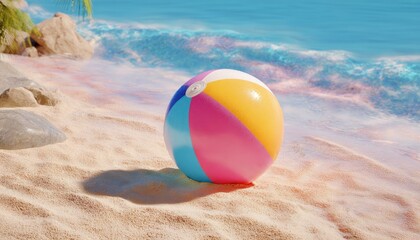 Obraz premium A vibrant beach ball rests on a sun-drenched sandy beach near gently lapping turquoise waves and rocks, casting a soft shadow