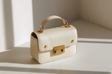 Cream-colored structured handbag with gold hardware, sitting on a white surface in sunlight.  The bag features a top handle and a subtle textured exterior
