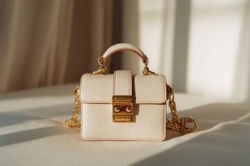 A cream-colored leather handbag with gold hardware, a top handle, and a gold chain strap sits on a white surface, bathed in sunlight