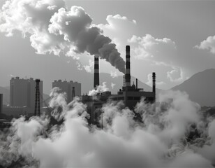 black and white high contrast photograph of a factory behind an acrylic shield, emphasizing the smoke and pollution