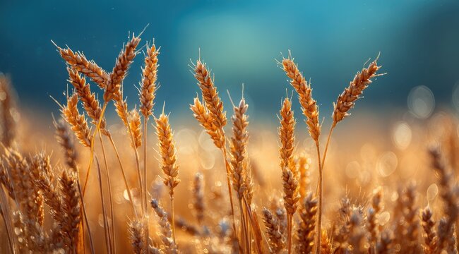 Golden wheat stalks illuminated by warm sunlight against a soft blue-teal sky, shallow depth of field showcasing texture and detail of the ripe grain - Powered by Adobe