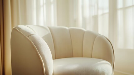 Cream colored, scalloped arm chair in a sunlit room.