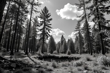 black and white high contrast photograph of a forest with a carved out clearing showing the sky with the co&acirc;&sbquo;&sbquo; icon.