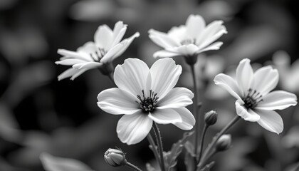 Fototapeta premium black and white high contrast photo of flowers with soft focus and an ethereal, misty aura surrounding them.