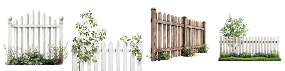 Fototapeta premium Charming wooden and white fences adorned with lush greenery, offering an inviting, rustic appeal for garden designs, landscaping, and outdoor settings