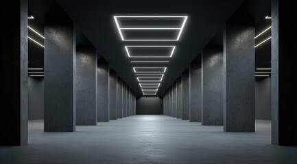 Dark, minimalist concrete hallway with evenly spaced columns and linear fluorescent ceiling lights, creating a long, narrow perspective