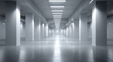 A long, empty, minimalist subterranean hall with evenly spaced white columns and bright fluorescent lighting, reflecting on a polished concrete floor