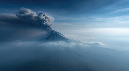 Fototapeta premium A majestic volcano erupts, spewing a dark plume of smoke and ash into a serene, blue-hued sky, partially obscured by a veil of clouds