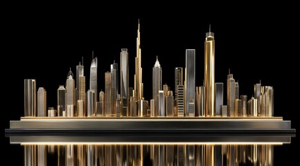 Gold and silver cityscape model on dark base, reflecting light, showcasing a range of building heights and architectural styles against a black background