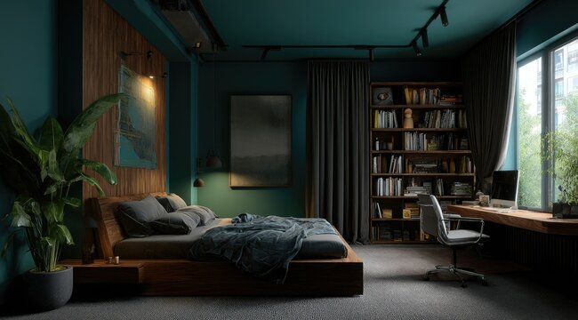 Dark teal bedroom with wood accents, a large bed, a workspace with a desk and chair, a bookshelf, and large window showing greenery